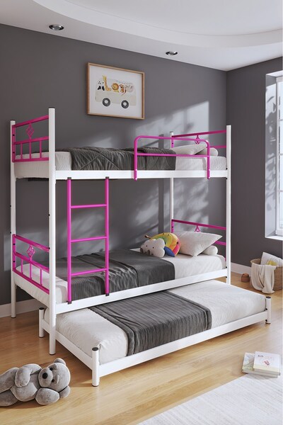 FANO Koza Yavrulu Ranza 90x190 Yatak Uyumlu 3 Kişilik Koyu Pembe Metal Ranza Karyola