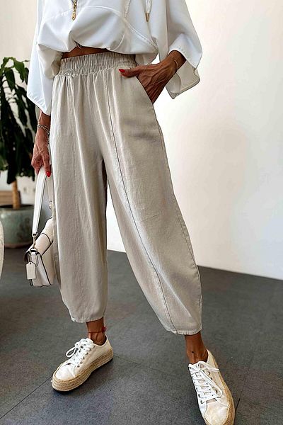 Butik Gardrop Stone Colored Gabardine Fabric - Shalwar Trousers with Elastic Waist