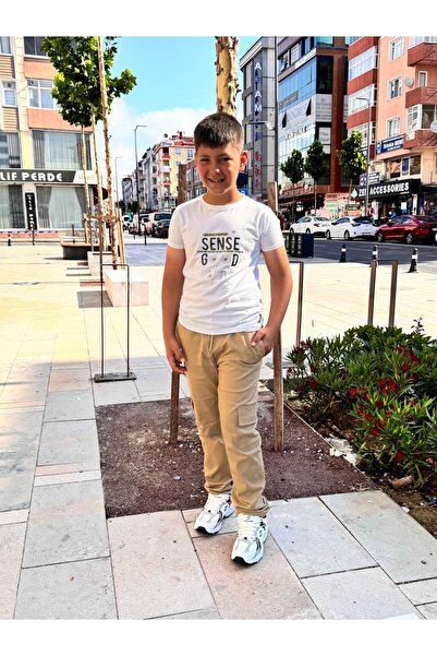 YAKAMEL Çocuk KREM Renk Gabardin Canvas Beli Lastikli 5 Cep Okul Pantolonu