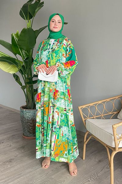 InStyle Green Viscose Dress - Lotus Pattern and Balloon Sleeve