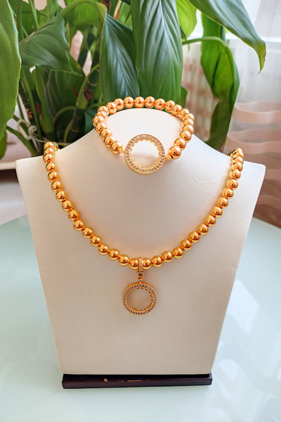 TwinsCollection Çeyrekli Altın Uyumlu 10mm Kolye Bileklik Seti - Çeyrekli Bil...