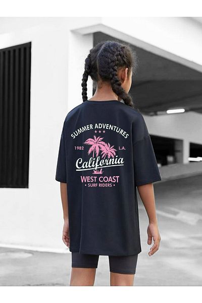 MODADEER Children's Oversize Pink California Printed Cotton Crew Neck T-Shirt - Black