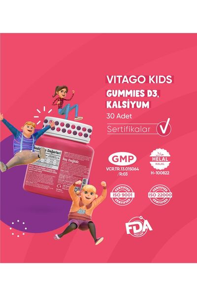 Vitago Kids Gummies D3 Vitamini, Kalsiyum Içeren 30 Adet Çiğnenebilir Gummy Jel