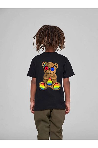 VASK Children's Oversize Unisex Colorful Teddy Bear Cotton Crew Neck T-Shirt
