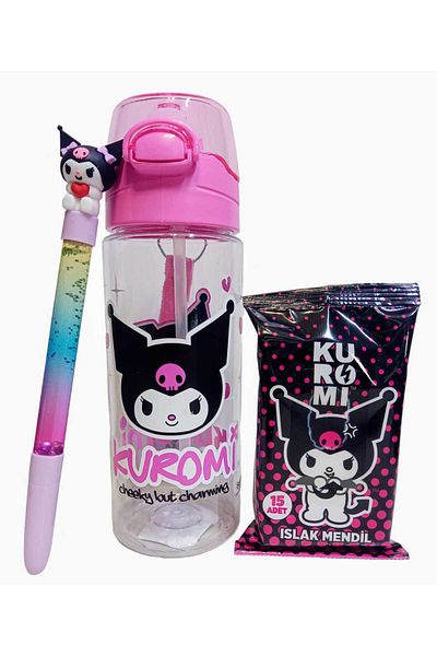 sevgi kırtasiye Kuromi Licensed Tritan Flask 500 ml with Wet Wipes and Pen Gift