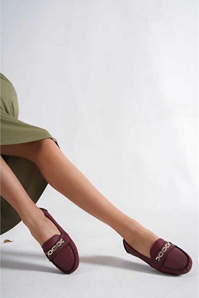 EnitMall Burgundy Ballerinas - Chain Buckle Detailed
