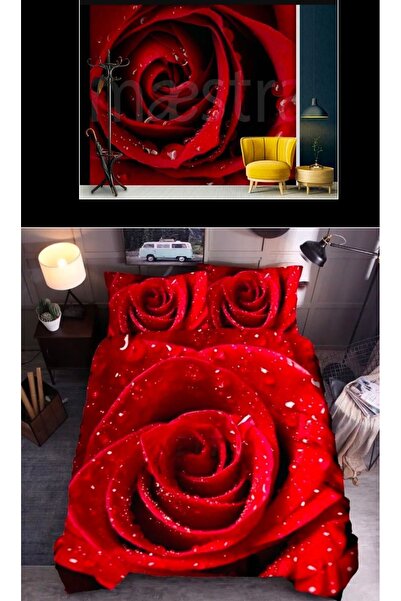 Elmas Dizayn طقم غطاء لحاف مزدوج مكون من 4 قطع - ستارة خلفية وردية حمراء، قطعتين