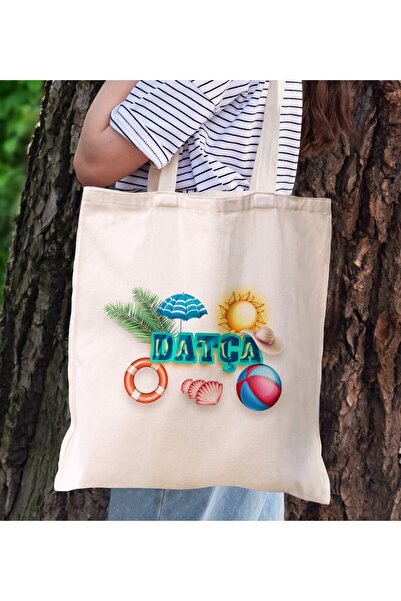 Bk Gift Datça Temalı Kanvas Bez Plaj Çantası Baskılı Omuz Çantası, Alışveriş ...