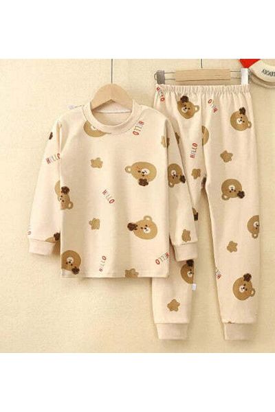 naynes 5 YEARS OLD Girl and Boy Pajamas Set - 100% Cotton, Long Sleeve, 2-Piece, Beige Cute Teddy Bear