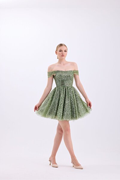 Tangül&Ali'S Moda Evi Boncuk Işlemeli Yeşil Mini Elbise