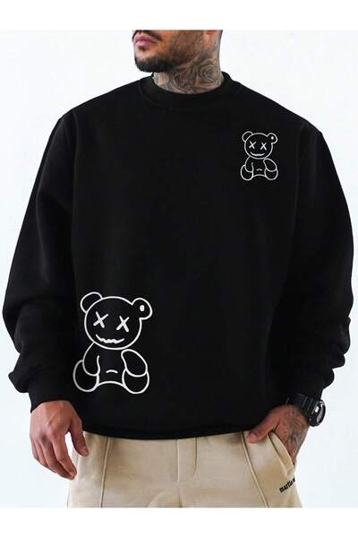 Deocept Мъжки извънгабаритен суичър - кръгла яка, щампа с плюшено мече