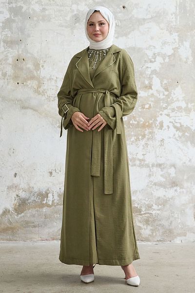 InStyle طقم كتان كاكي - فستان بتفاصيل حجرية