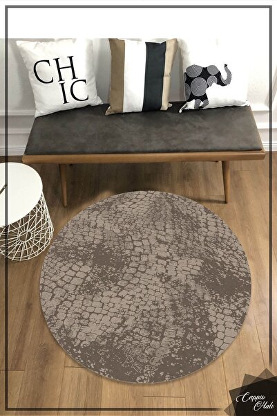 CAPPİO HALI Taş Desenli Kahverengi Yuvarlak Halı Kaymaz Taban Halı(MAKİNA YIK...