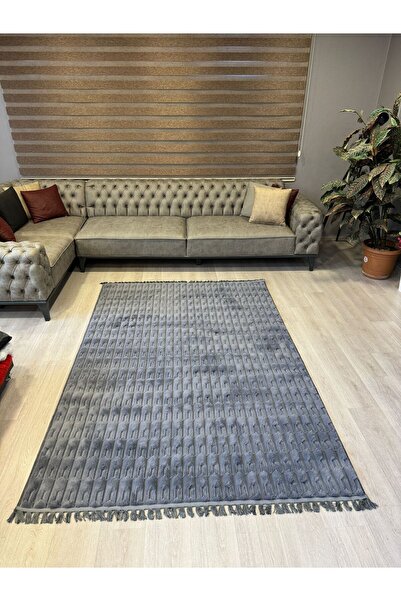 Bella Yumuşacık Tavşan Tüyü Saçaklı Premium Kalite Kaymaz Pamuktaban Peluş Halı - Antrasit Renk