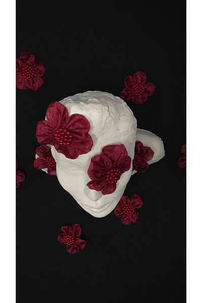 Ozpas Burgundy Flower Brooch - Tulle Organza, Beaded, 6 cm, 5 pcs.