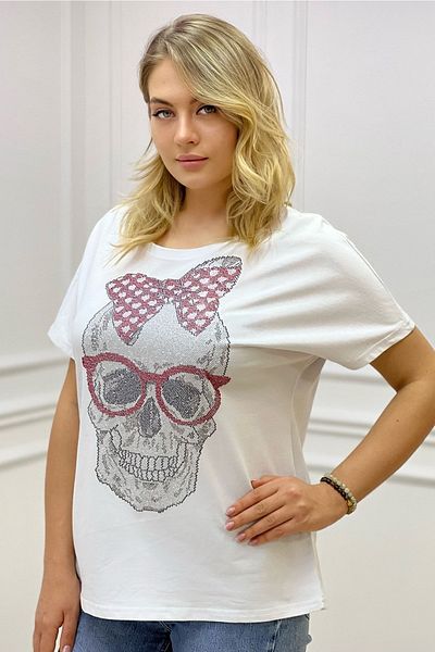 RICH GLAM Large Size Stylish Comfortable Bat Sleeve T-shirt - Loose Fit, Crystal Skull Stone Detail, White Cotton