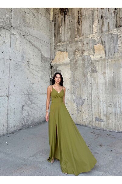 Sindimoda İp Askı Kruvaze Yaka Yırtmaçlı Abiye