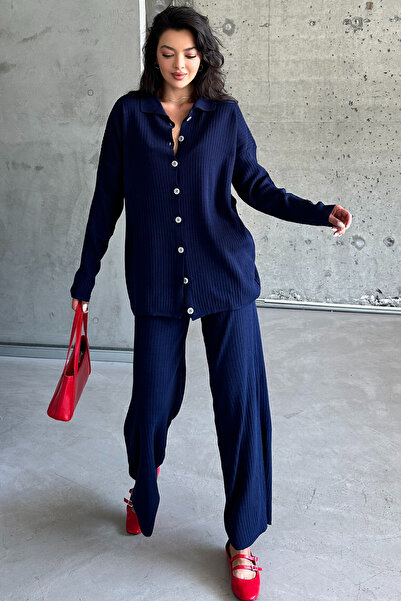 MODAGEN Kadın Lacivert Gömlek Yaka Düğmeli Tesettür Alt-Üst Triko Takım