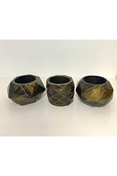 decolight 3'lü Altın Eskitme Renk Beton Sukulent Ve Kaktüs Saksı Seti.