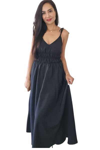 duygu dilsiz Siyah Omuzdan Ip Bağlamalı Beli Lastikli Uzun Elbise