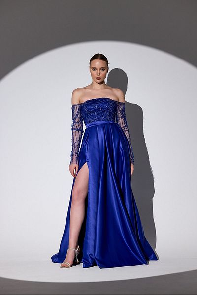 Tangül&Ali'S Moda Evi Embroidered Sax Blue Evening Dress