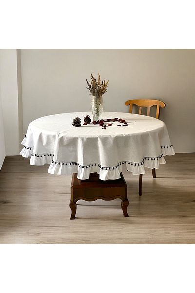 LILYUM Τραπεζομάντηλο 100% ακατέργαστο βαμβακερό λινό βολάν και πομπόν στρογγυλό τραπεζομάντιλο 160 εκ. Τραπεζομάντηλο σαλονιού κουζίνας