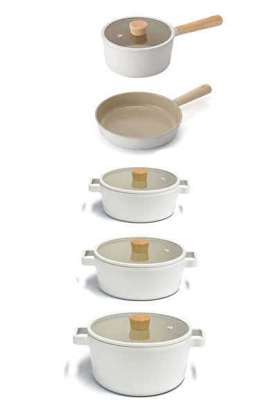 NEOFLAM Fika Alüminyum Döküm 9 Parça Bej Cam Kapaklı Tencere Tava Seti