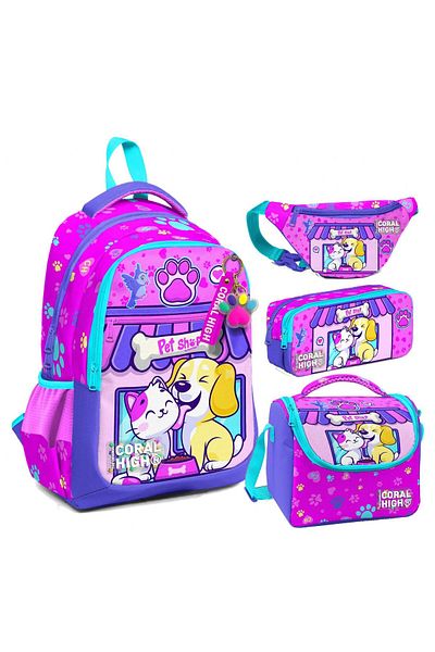 Coral High Girl's School Lunch Set - Cat and Dog Pattern, Pen Holder and Waist Bag
