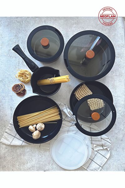 NEOFLAM Midas Black 12 Piece (With Spare Handle) Nesting Induction Pot and Pan Set with Detachable Handle