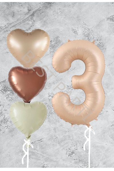 BEST PARTİ DOĞUM GÜNÜ PARTİ SÜSLERİ 3 Years Old Sand Beige Foil Balloon Set - Heart Figure