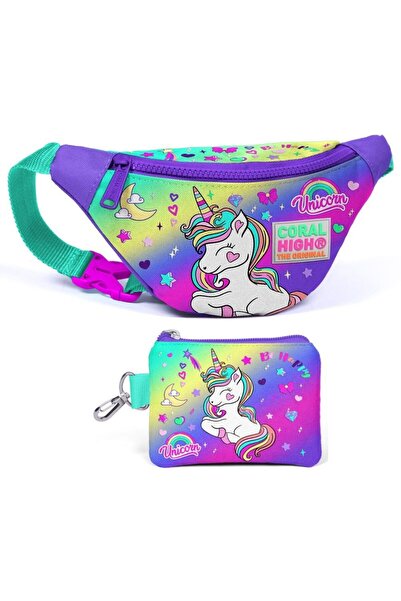 Coral High Set de talie și portmoneu cu unicorn de lavandă verde apă pentru fete