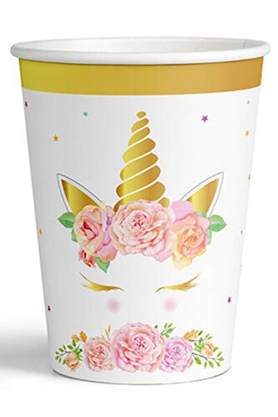 Partijet Altın Yaldız Baskılı Unicorn Çiçek Karton Bardak 8'li