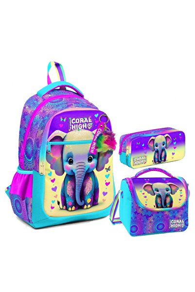 Coral High Kız Çocuk Üç Gözlü İlkokul Çanta Seti - Pembe Turkuaz Fil Desenli