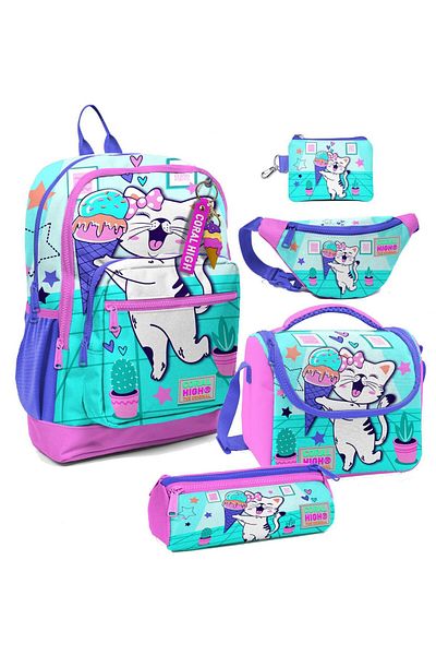 Coral High Set de geanți pentru școală primară cu model de pisici cu înghețată turcoaz și roz pentru fete