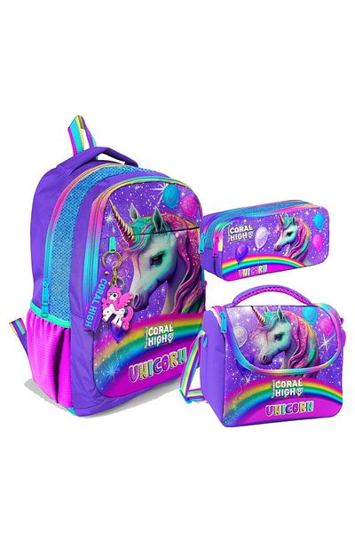 Coral High Set de genți pentru școala primară și gimnazială cu trei ochi - Fete - Model cu unicorn cu sclipici violet