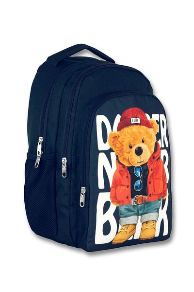 ÜMİT ÇANTA Navy Blue Ümit Bag - Cennec Teddy Bear Print, 3-Compartment School Backpack