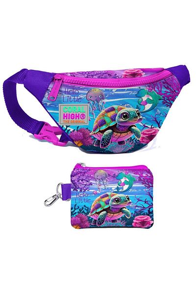 Coral High Pink Purple Turtle Patterned Girl's Waist Bag and Coin Purse Set