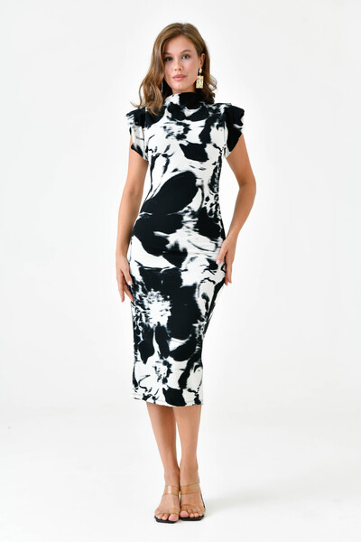 WOMAN VISION Sandy Fabric Digital Printed Midi φόρεμα - Λεπτομέρεια με σχισμή και επένδυση, αμάνικο, όρθιο γιακά 12271