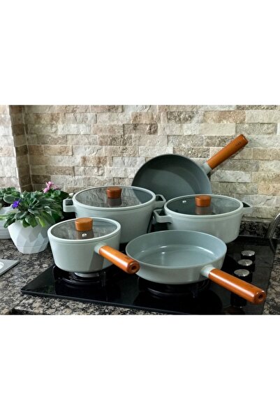 NEOFLAM Fika Alüminyum Döküm Cam Kapaklı 8 Parça Tencere Seti Gri