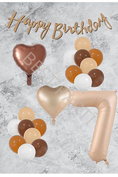 BEST PARTİ DOĞUM GÜNÜ PARTİ SÜSLERİ Age 7 Sand Beige Heart Numeral - Foil Latex Balloon and Banner Set