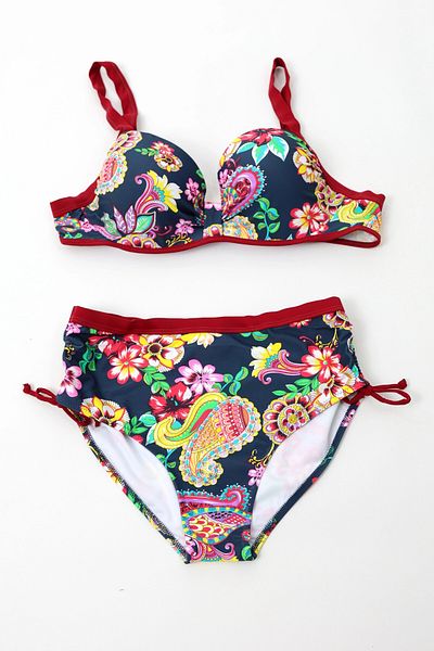 hazelin Γυναικείο σετ μπικίνι Navy Blue Burgundy Floral print ψηλόμεσο - HZL24S-LC3321