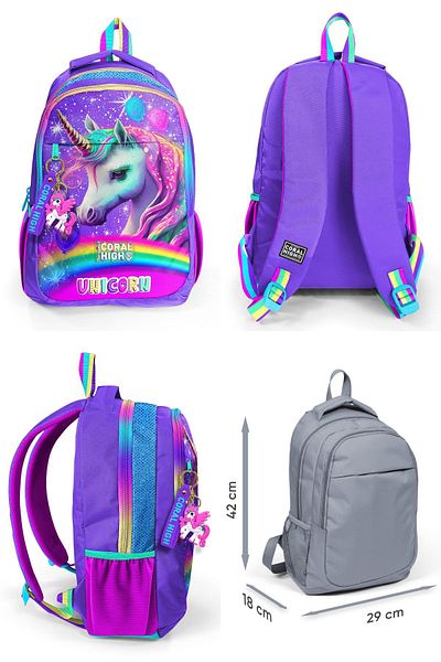 Coral High Set de genți pentru școala primară și gimnazială cu trei ochi - Fete - Model cu unicorn cu sclipici violet
