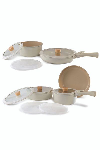 NEOFLAM Midas Beige (9 Pieces & 6 Pieces) 15 Piece Interlocking Pots and Pans Set with Detachable Handle