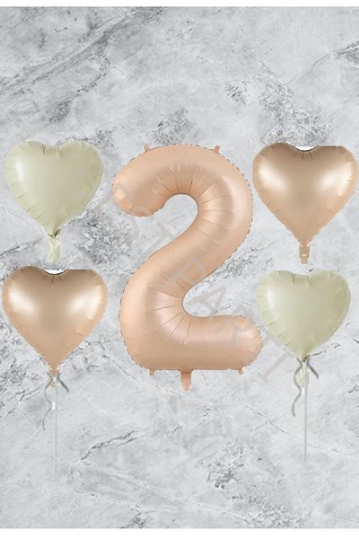RÖNESANS PARTİ Sand Beige Number Heart Foil Balloon Set Age 2