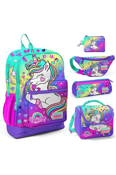 Coral High Water Green Lavender Unicorn Set of Five School and Daily Bags