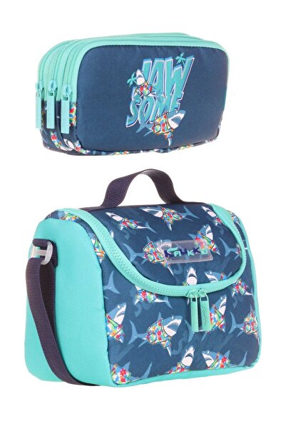KAUKKO Set cutie de prânz termoizolantă și suport pentru creion pentru băiat - Blue Turquoise Jaws