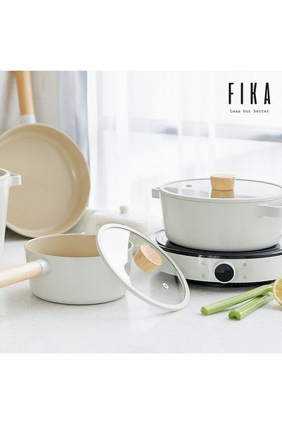 NEOFLAM Fika Beige 17 Piece Induction Cast Iron Pot Pan Set