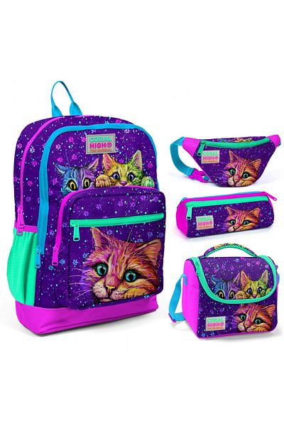 Coral High Purple Cat Triple Set - School and Waist Bag
