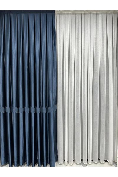 Taç New Season Blue Striped Satin Background Curtain - Close Pleat 1/3