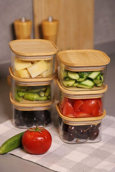 Atbyhome Duo 400ml 6-Piece Bamboo - Borosilicate Glass Set with Vacuum Lid